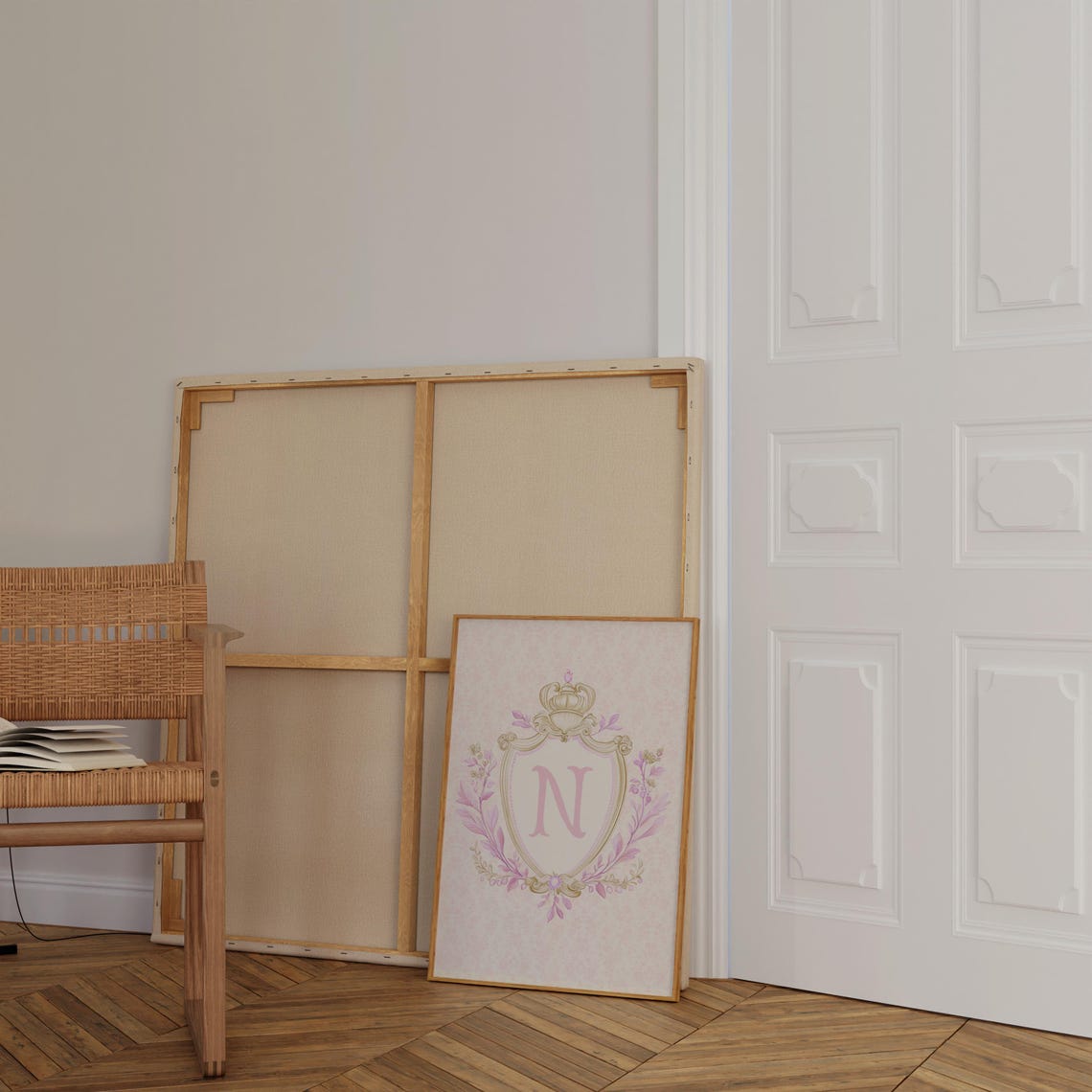 Initial N Pink Crest Coquette Floral Monogram Nursery Poster - Image 2