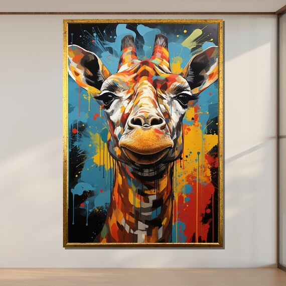 Colorful Giraffe Face Graffiti Paint Splatter Abstract Animal Wall Poster