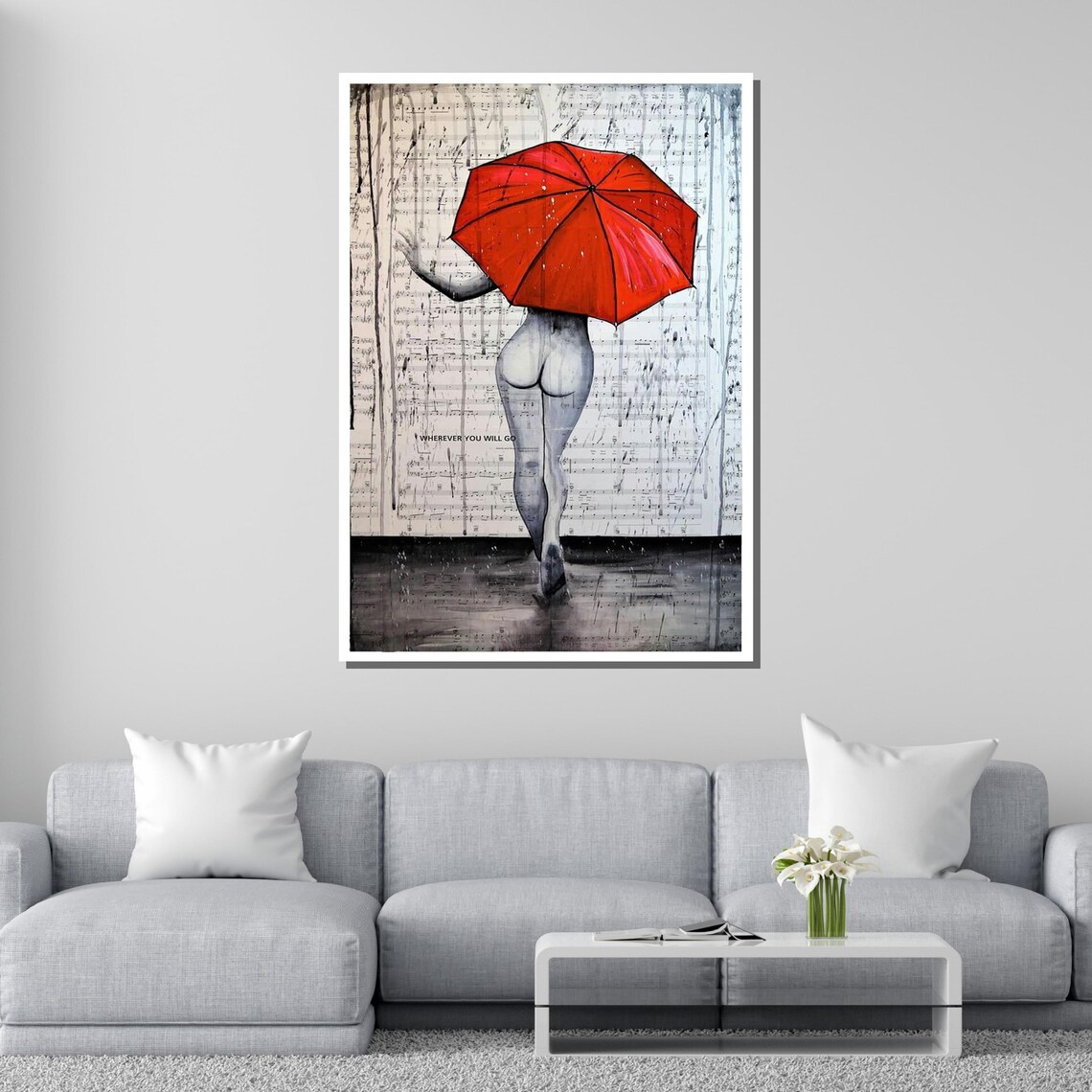 Sensual Nude Woman Red Umbrella Rainy Music Sheet Background Art Poster - Image 4