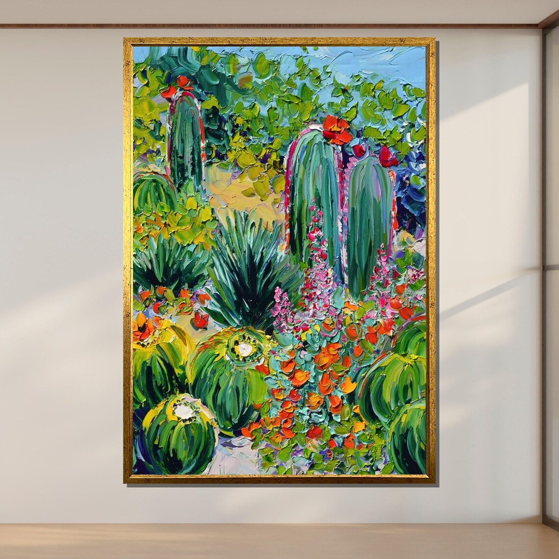 Vibrant Cactus Garden Impasto Desert Bloom Colorful Nature Art Poster