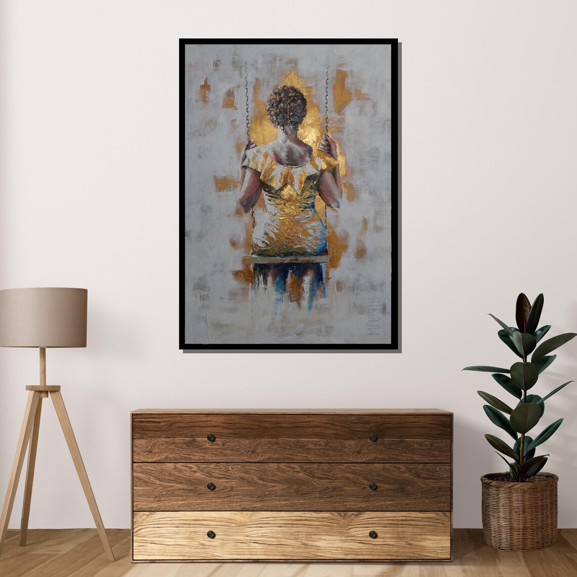 Golden Woman On Swing Elegant Back View Contemporary Art Poster