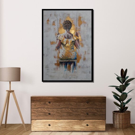 Golden Woman On Swing Elegant Back View Contemporary Art Poster