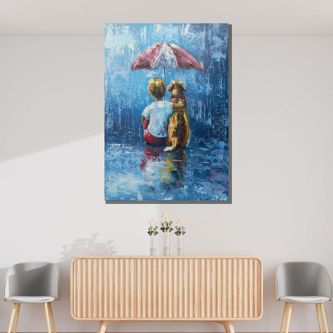 Boy And Dog In The Rain Umbrella Friendship Heartwarming Art Poster - Image 3