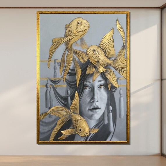 Golden Fish Dreamscape Art Surreal Portrait Wall Decor Ready To Hang