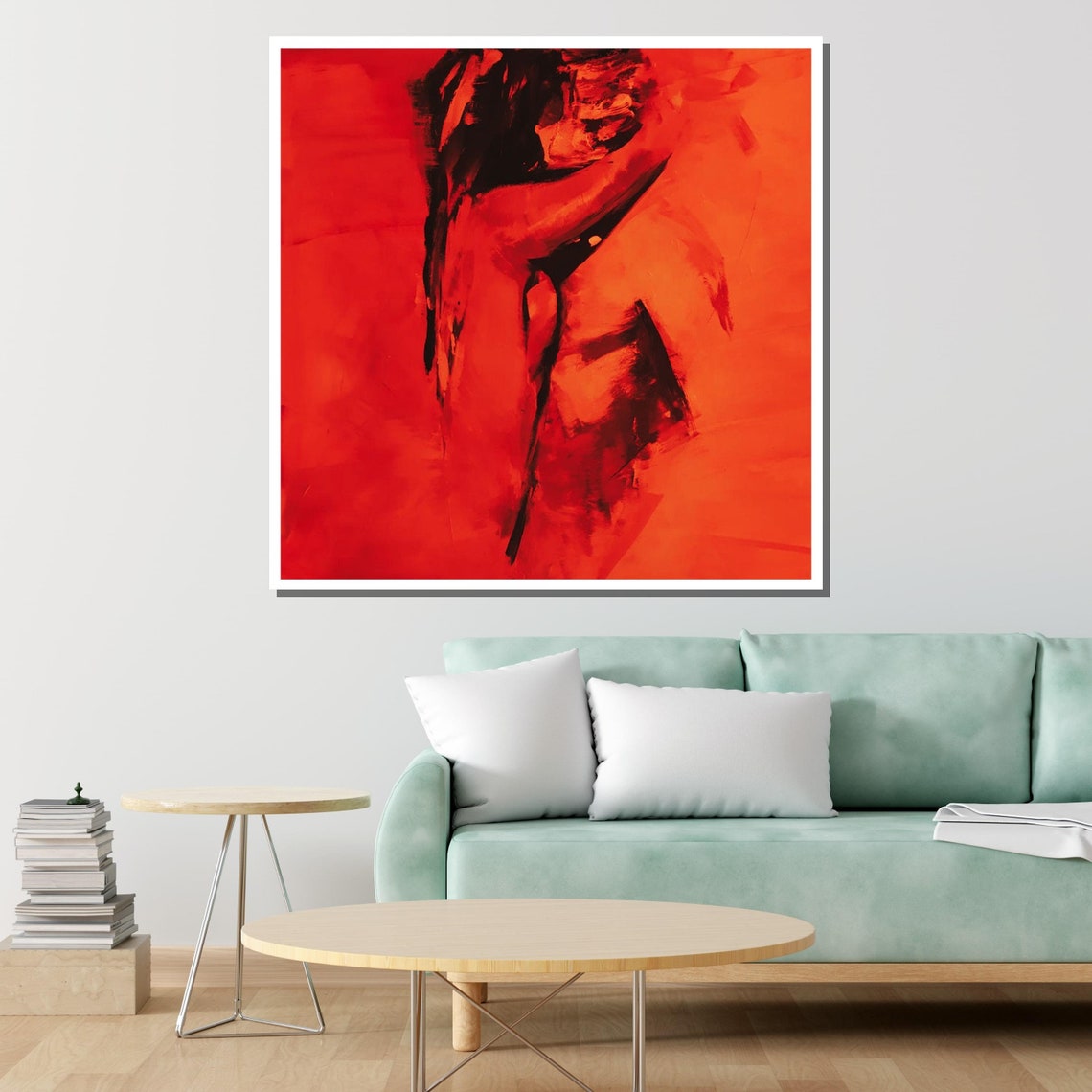 Passionate Red Embrace Abstract Lovers Painting Bold Wall Art Poster - Image 2