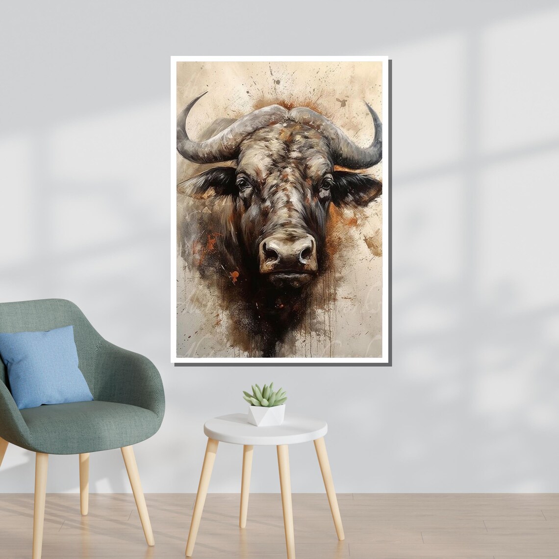 Majestic Buffalo Watercolor Portrait Powerful Horns Wildlife Art Poster - Image 3