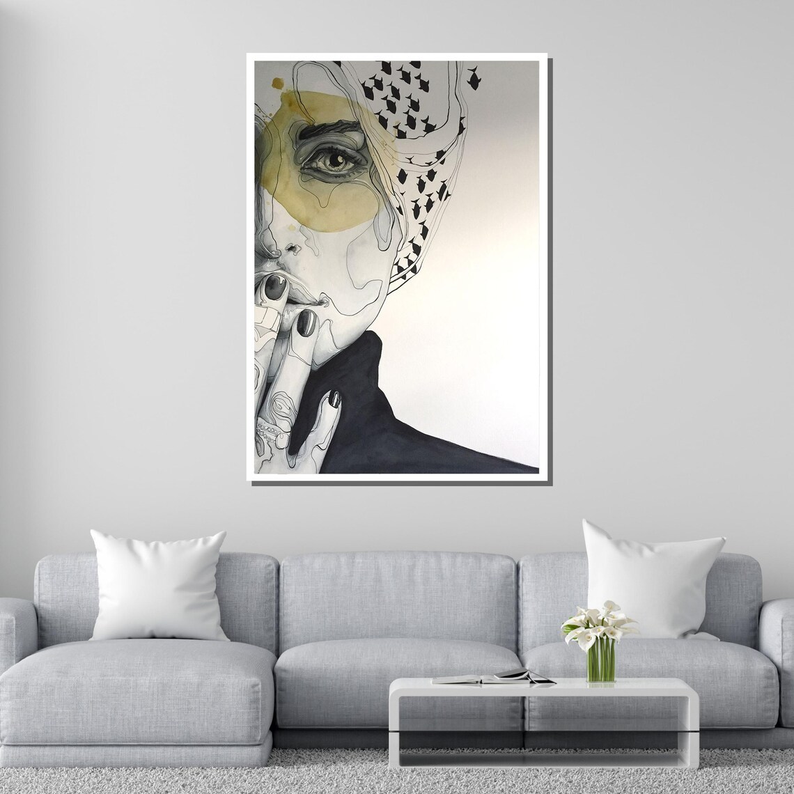 Abstract Woman Portrait Black And White Line Art Gold Modern Wall Poster - Image 2