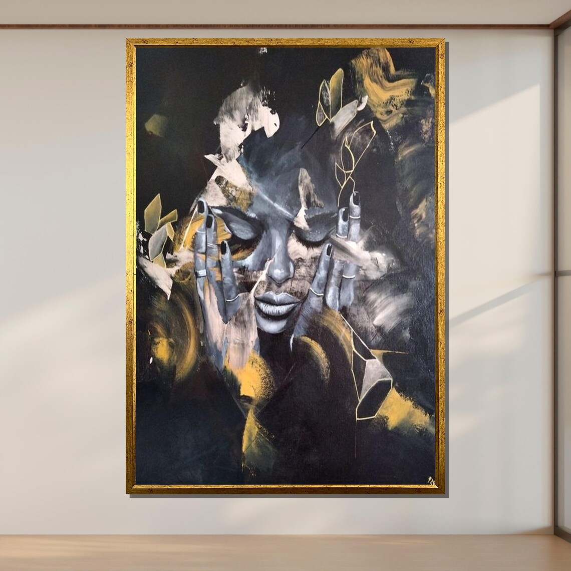 Black and Gold Abstract Emotional Portrait Thoughtful Woman Modern Art Poster