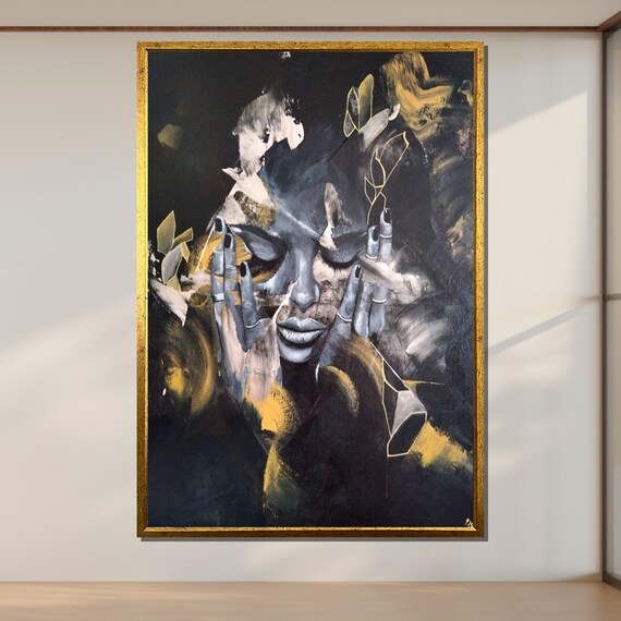 Black and Gold Abstract Emotional Portrait Thoughtful Woman Modern Art Poster