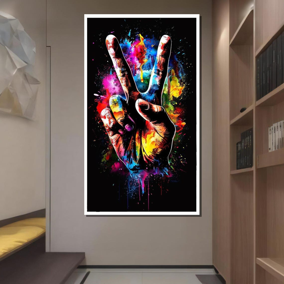 Vibrant Peace Sign Art Colorful Hand Gesture Bold Graffiti Style Wall Decor Modern Street Art Print Ready To Hang Artwork - Image 2