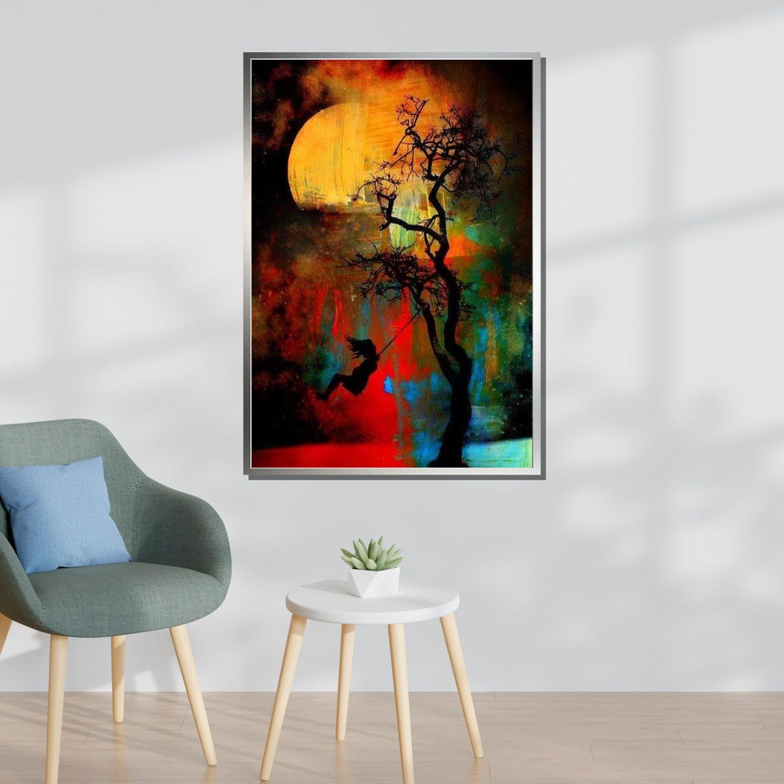 Girl on Swing Under Golden Moon Dreamlike Silhouette Tree Art Poster - Image 3