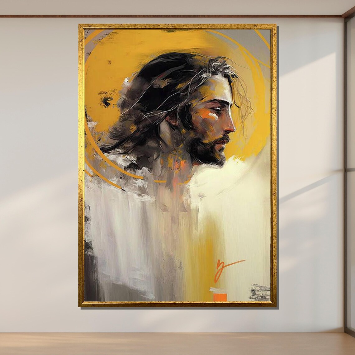 Abstract Jesus Portrait Golden Halo Modern Spiritual Savior Art Poster