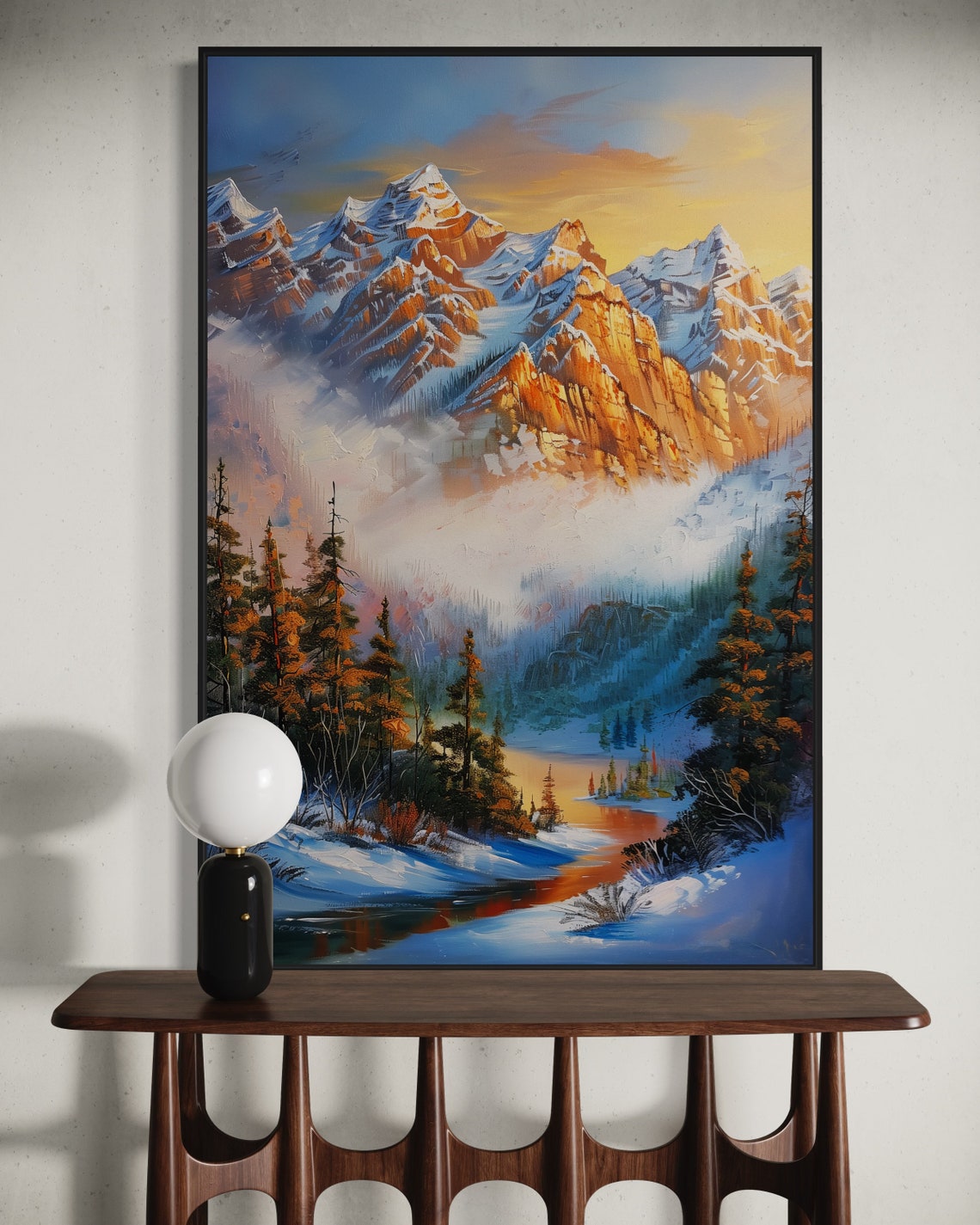 Sunrise Snowy Mountain Peaks Golden Alpine Glow River Pines Art Poster - Image 2