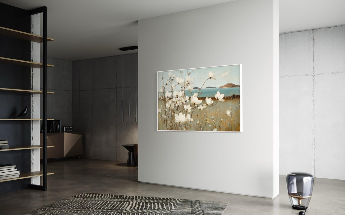 White Magnolia Blossoms Coastal Seascape Teal Water Floral Art Poster - Image 3