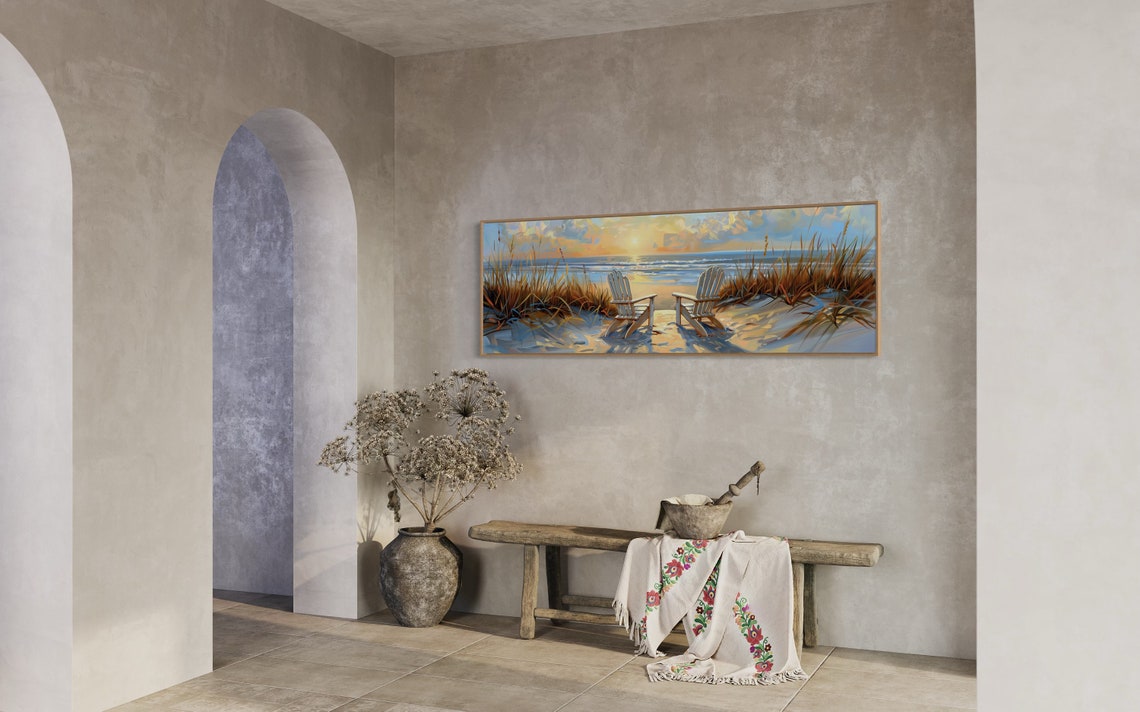 Golden Beach Sunset Ocean Chairs Panoramic Impressionist Travel Poster - Image 2