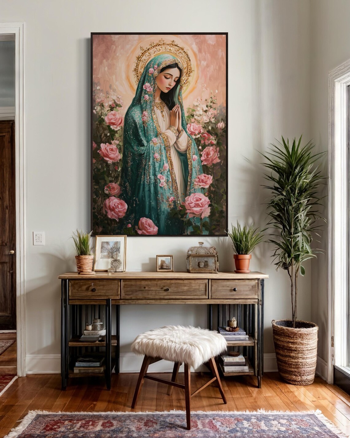 Virgin Mary Catholic Print Gold Halo Roses Faithful Devotional Poster - Image 2