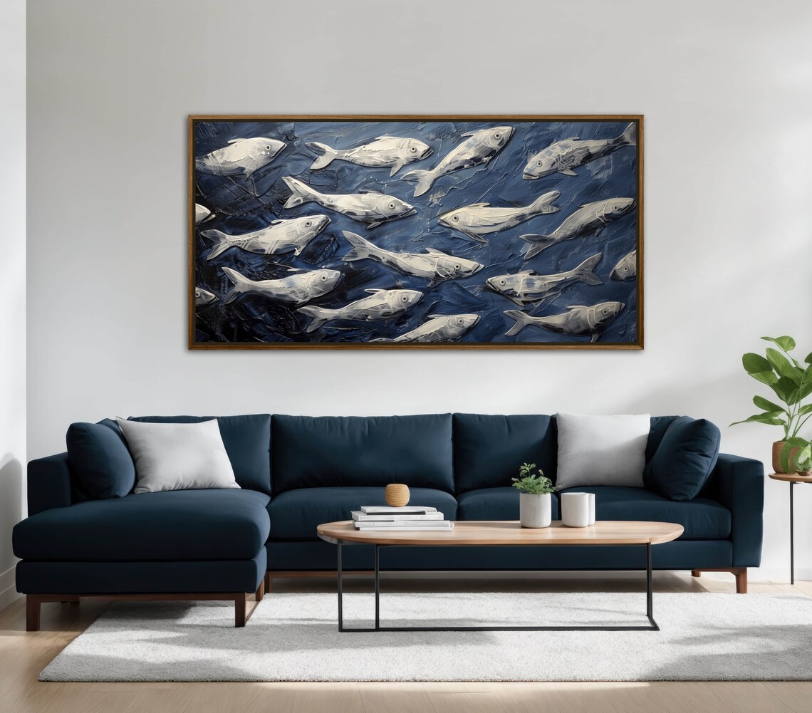 School of Fish White Navy Textured Underwater Ocean Art Print - Image 4