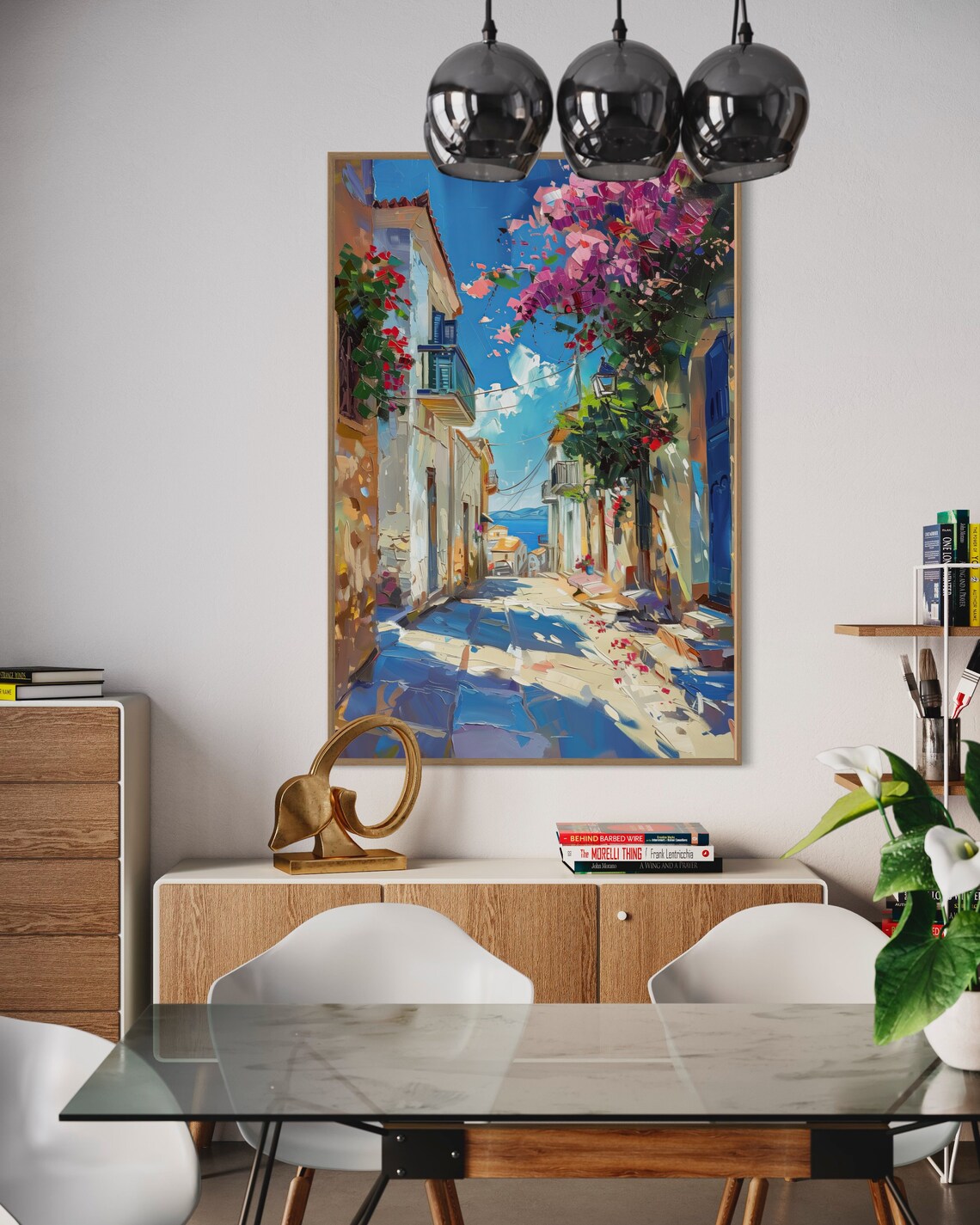 Sunny Greek Street Blooming Bougainvillea Blue Doors Sea View Poster - Image 5