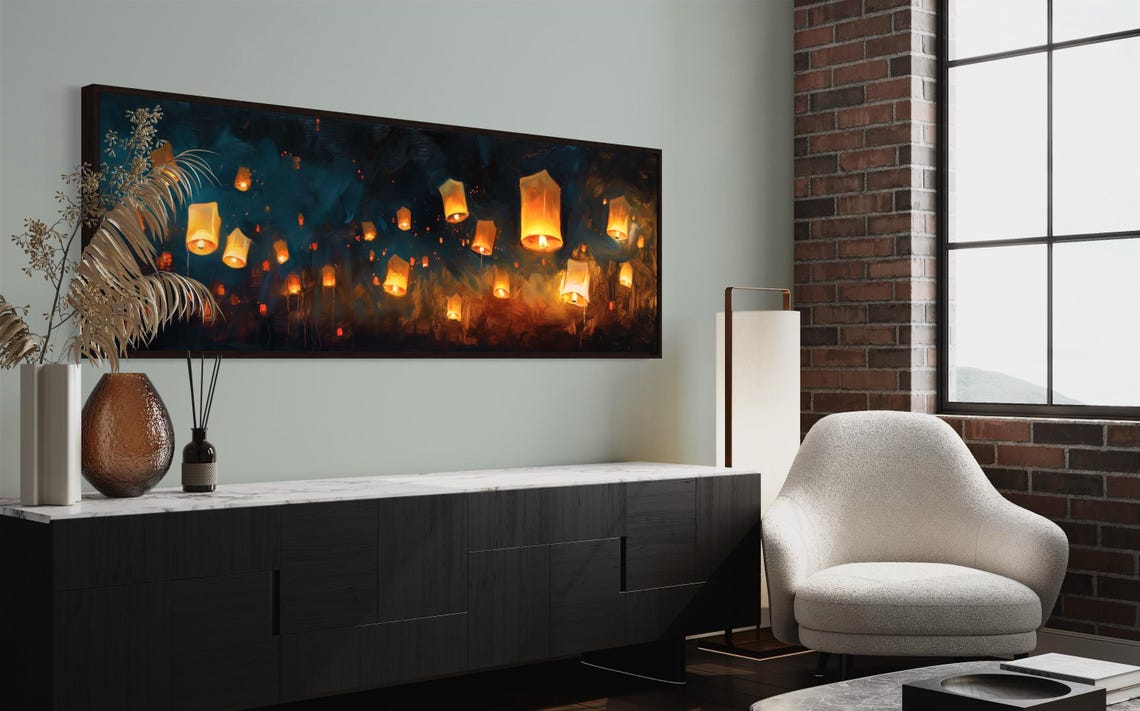 Abstract Floating Lanterns In Night Sky Enchanting Panoramic Print For Above Bed Decor Perfect Long Narrow Wall Art - Image 3