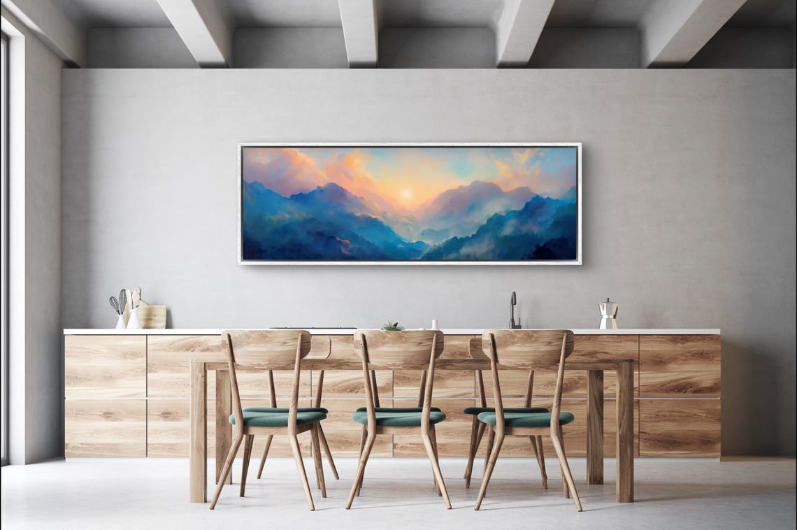 Colorful Sunrise Over Misty Mountains Panoramic Wall Art For Above Bed Or Couch Relaxing Long Narrow Wall Art - Image 2