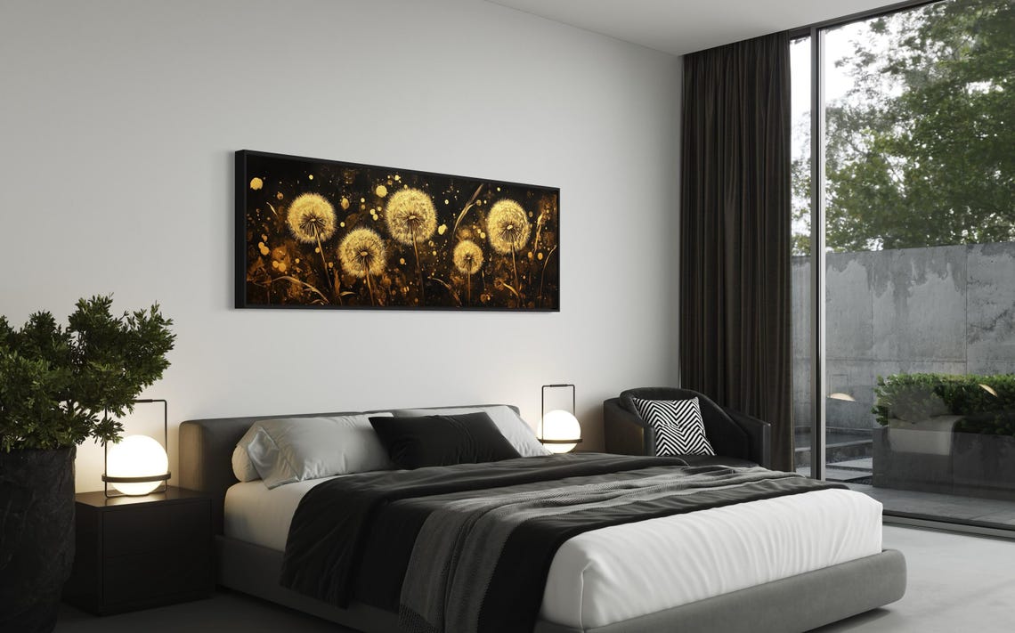 Golden Dandelion Seed Heads Black Background Elegant Panoramic Poster - Image 2