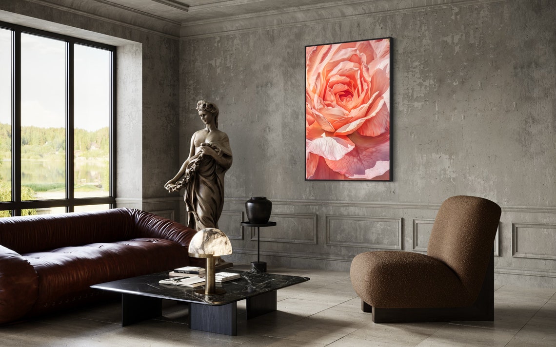 Peachy Coral Rose Macro Bloom Close Up Floral Still Life Print - Image 2