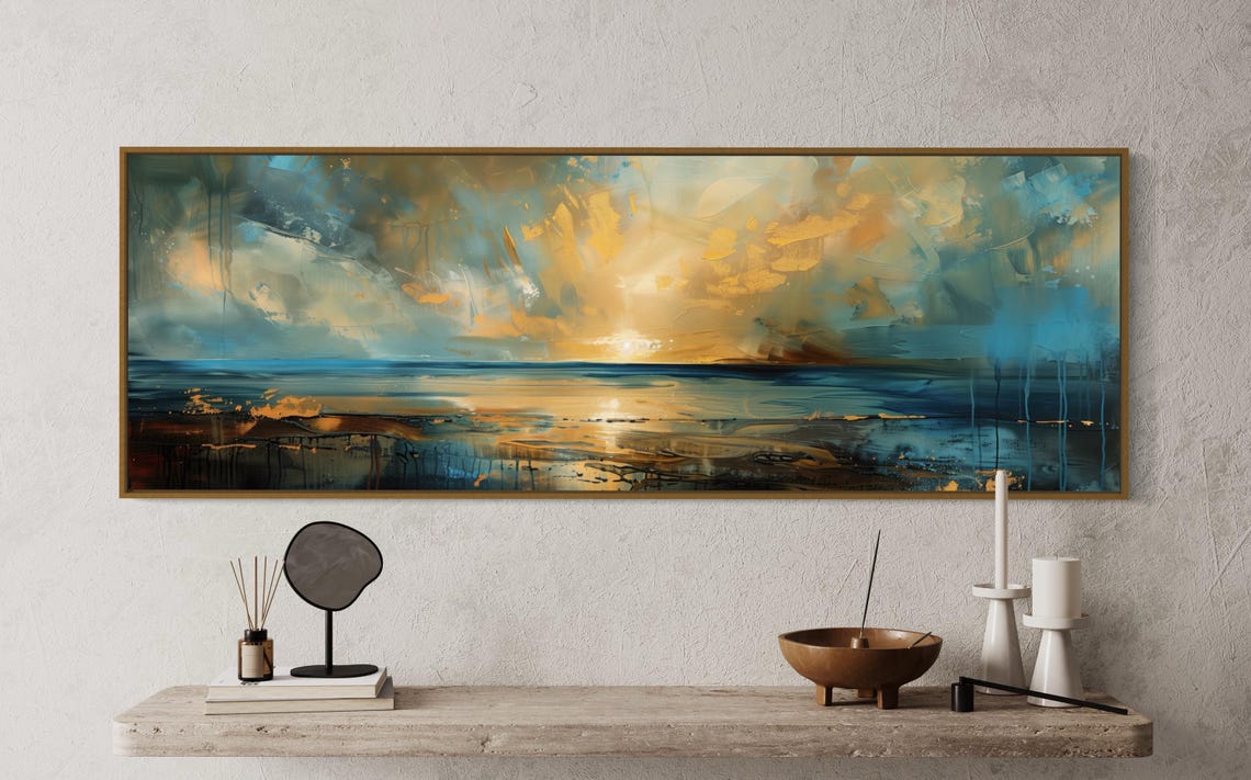 Golden Abstract Coastal Sunset Seascape Teal Gold Painting Print - Image 5