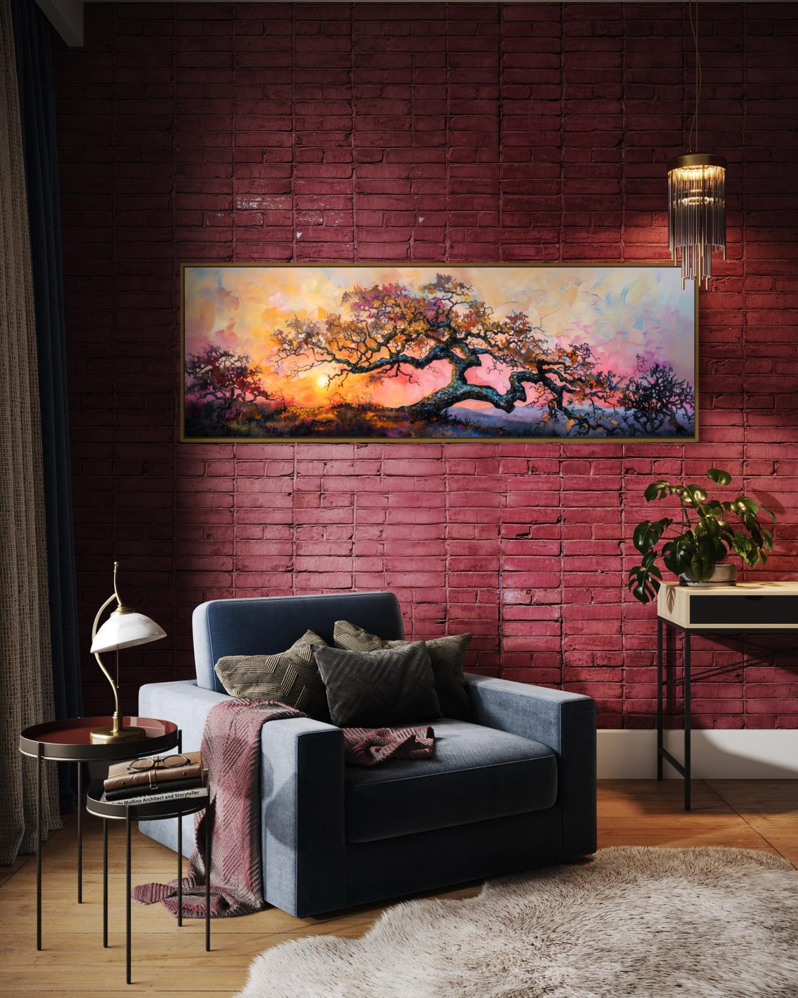 Gnarled Old Oak Tree Colorful Sunset Sky Panoramic Landscape Poster - Image 4
