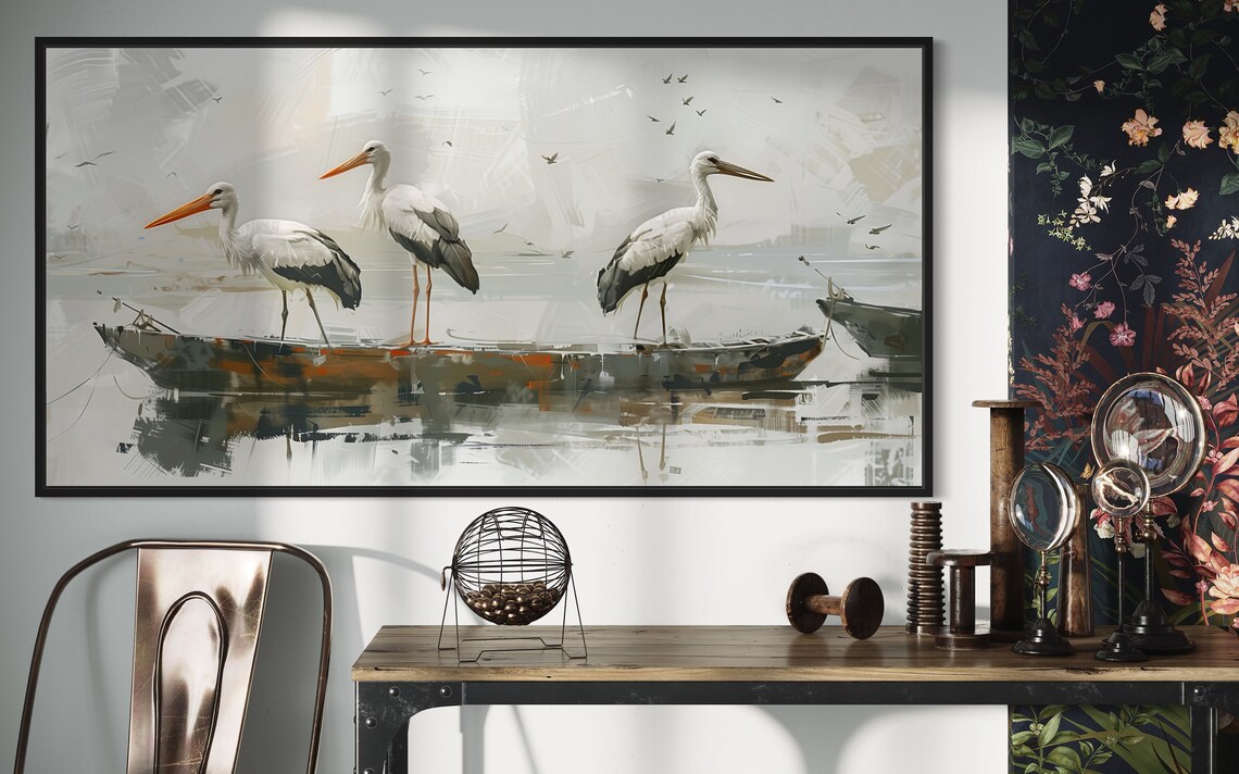 White Storks Foggy Lake Boat Misty Morning Elegant Wildlife Wall Art - Image 4