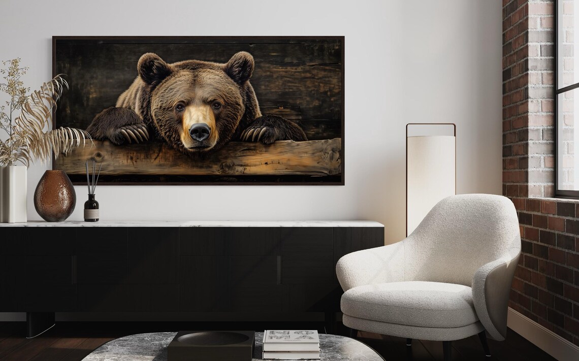 Grizzly Bear Face Peeking Over Wooden Beam Rustic Lodge Wildlife Art Poster - Image 2