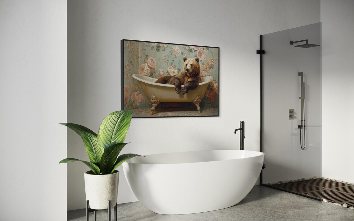 Grizzly Bear Lounging In Vintage Bathtub Floral Wallpaper Funny Art Poster - Image 2