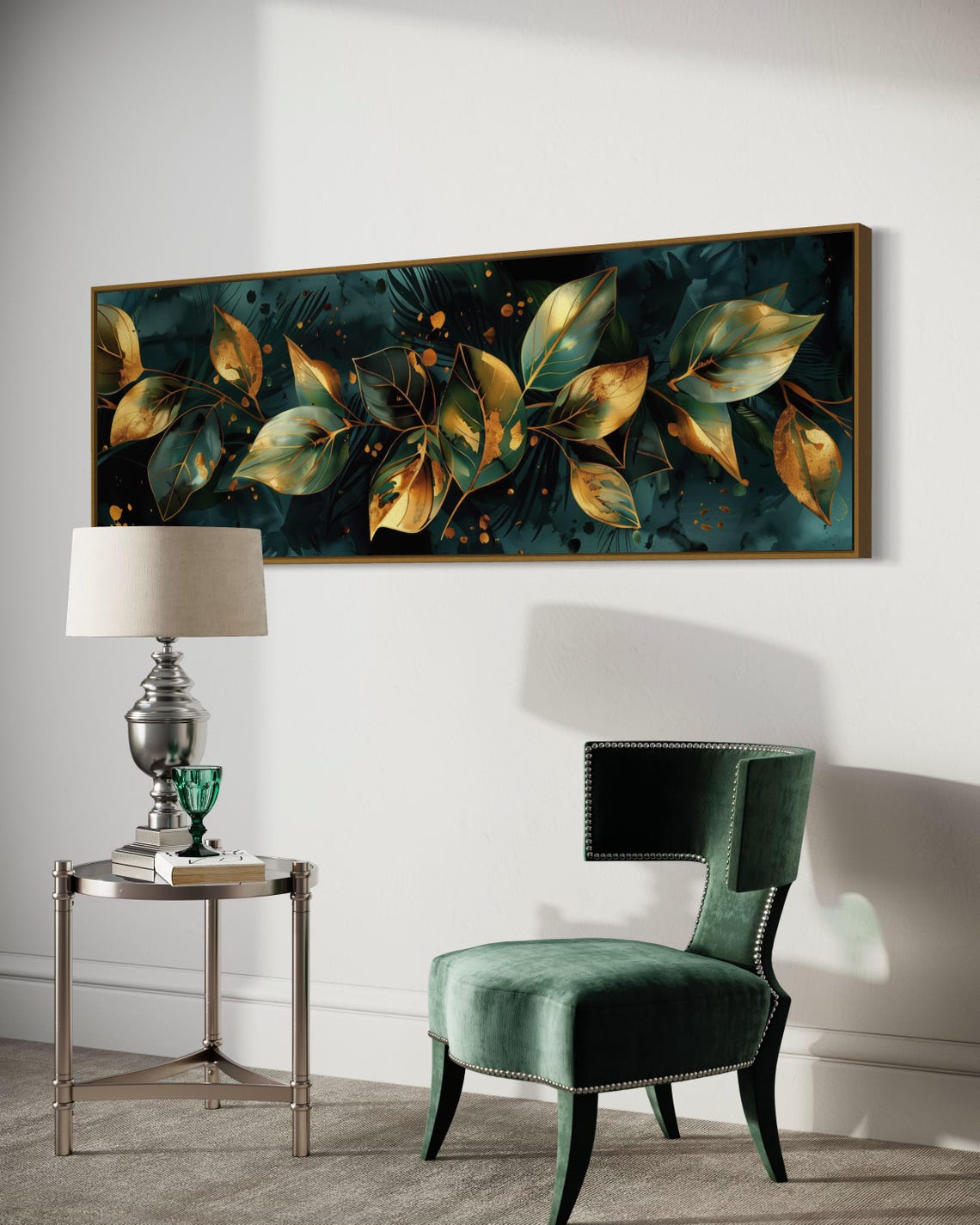 Elegant Gold Black Leaves Panoramic Botanical Luxury Wall Art Print - Image 3