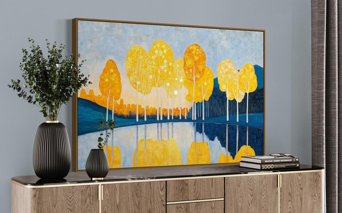 Abstract Yellow Tree Wall Art Vibrant Nature With Reflection And Forest Lake Perfect For Nature Inspired Room Accent - Image 4