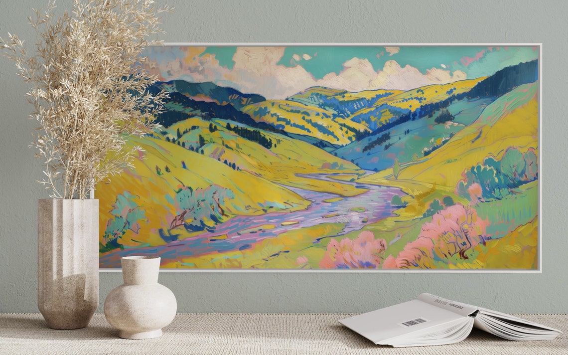 Whimsical Summer Landscape Panoramic Pastoral Landscape Print With Rustic Charm Expressive River Painting Print For Home Decore - Image 5