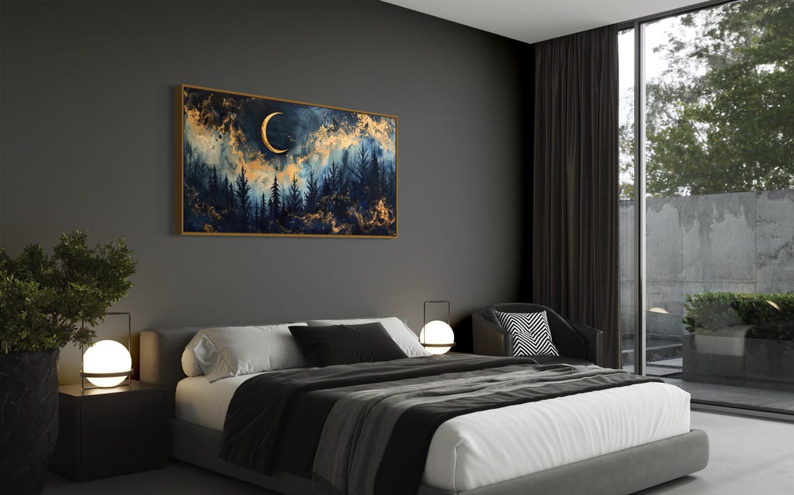 Crescent Moon Over Night Forest Navy Blue Celestial Panorama Print - Image 2