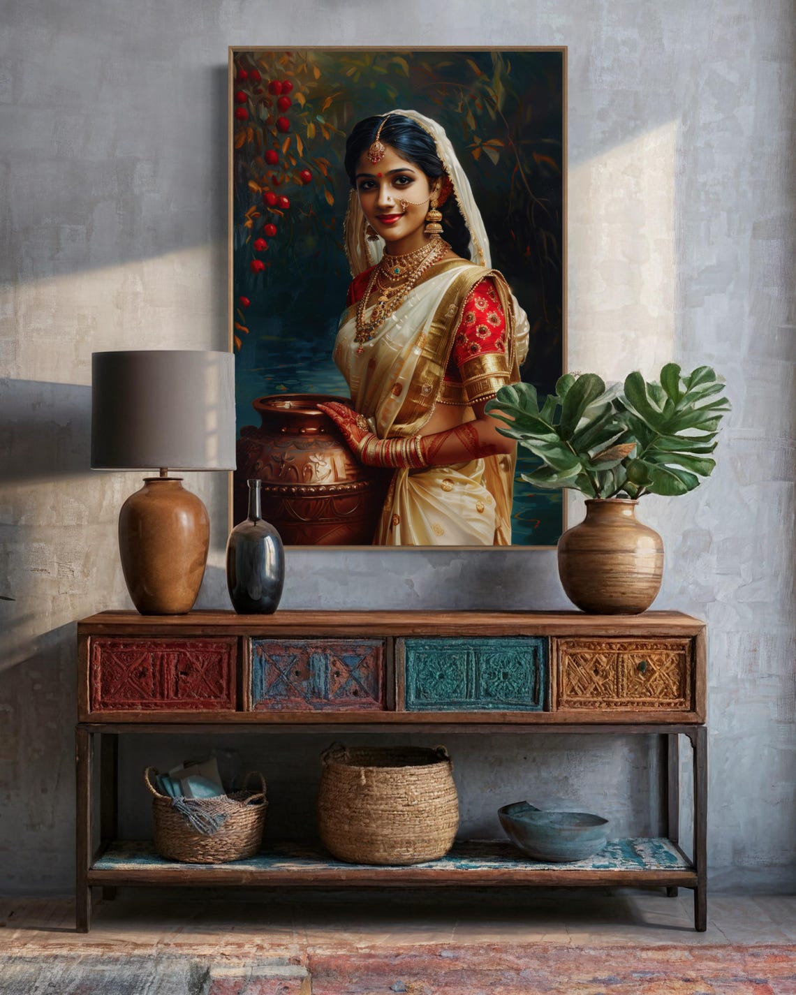 Elegant Indian Woman Portrait Vibrant South Asian Wall Art Beautiful Indian Girl Painting Print For Coquette Room Decor - Image 2