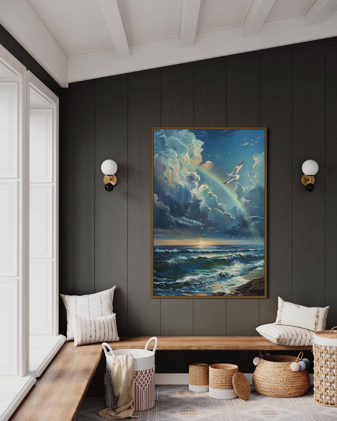 Seagull Rainbow Stormy Ocean Dramatic Clouds Coastal Sunrise Poster - Image 5