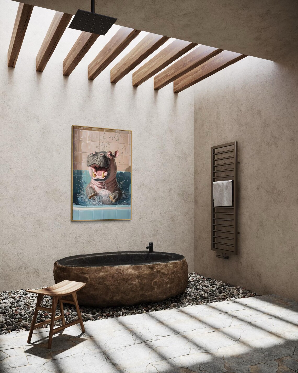 Happy Baby Hippo Splashing Bubble Bath Playful Nursery Bathroom Art Poster - Image 3