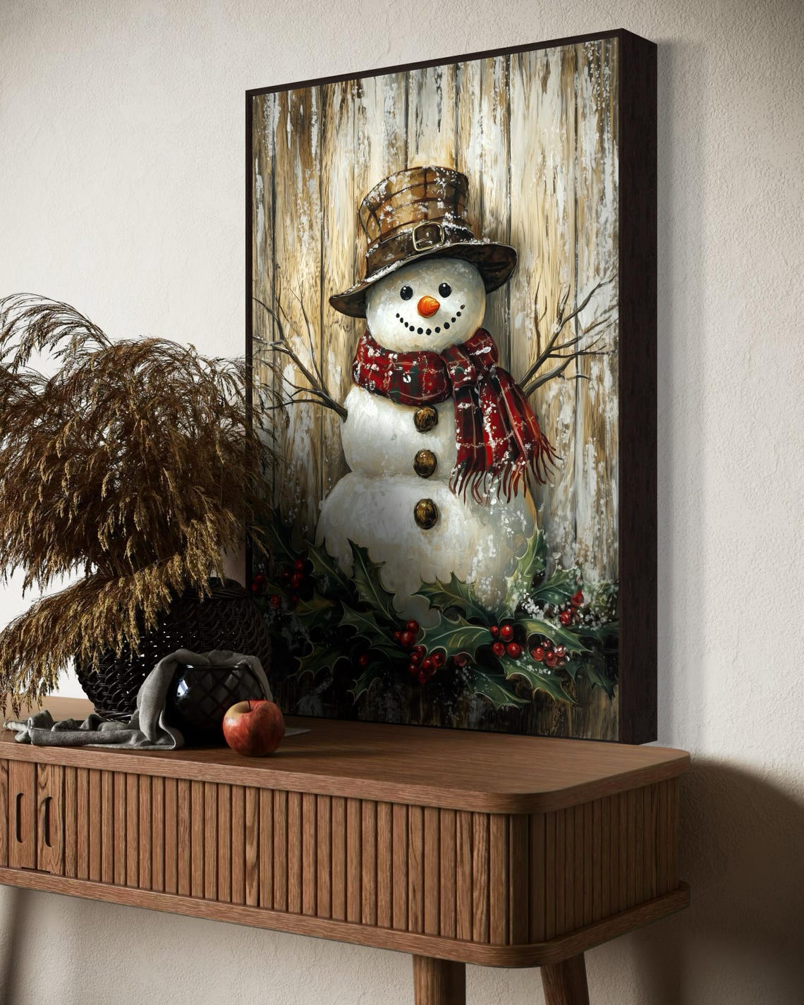 Rustic Snowman Plaid Hat Holly Vintage Christmas Farmhouse Wall Art - Image 2