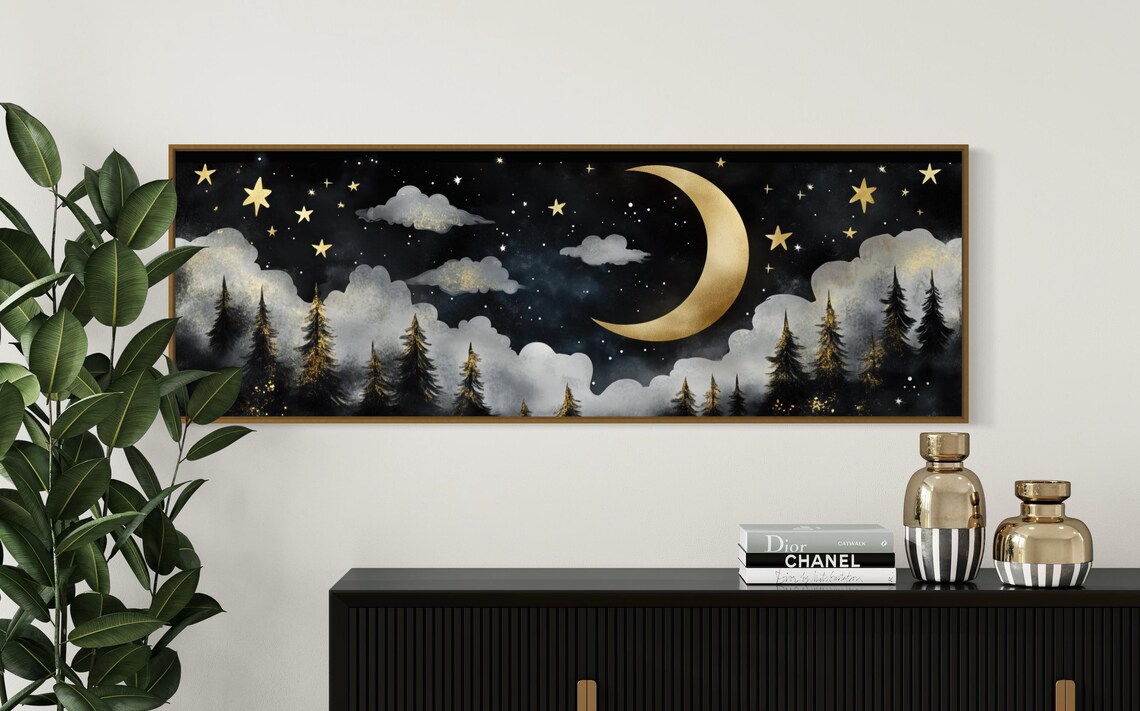 Crescent Moon Over Enchanted Forest Art Starry Night And Pine Tree Art Panoramic Print Perfect For Rustic Wall Decor