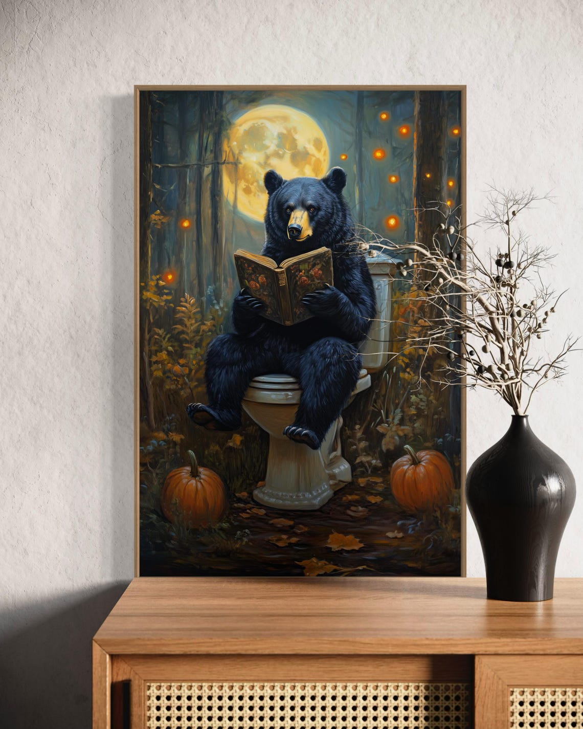 Whimsical Black Bear Reading Book On Toilet Moonlit Forest Funny Print - Image 4