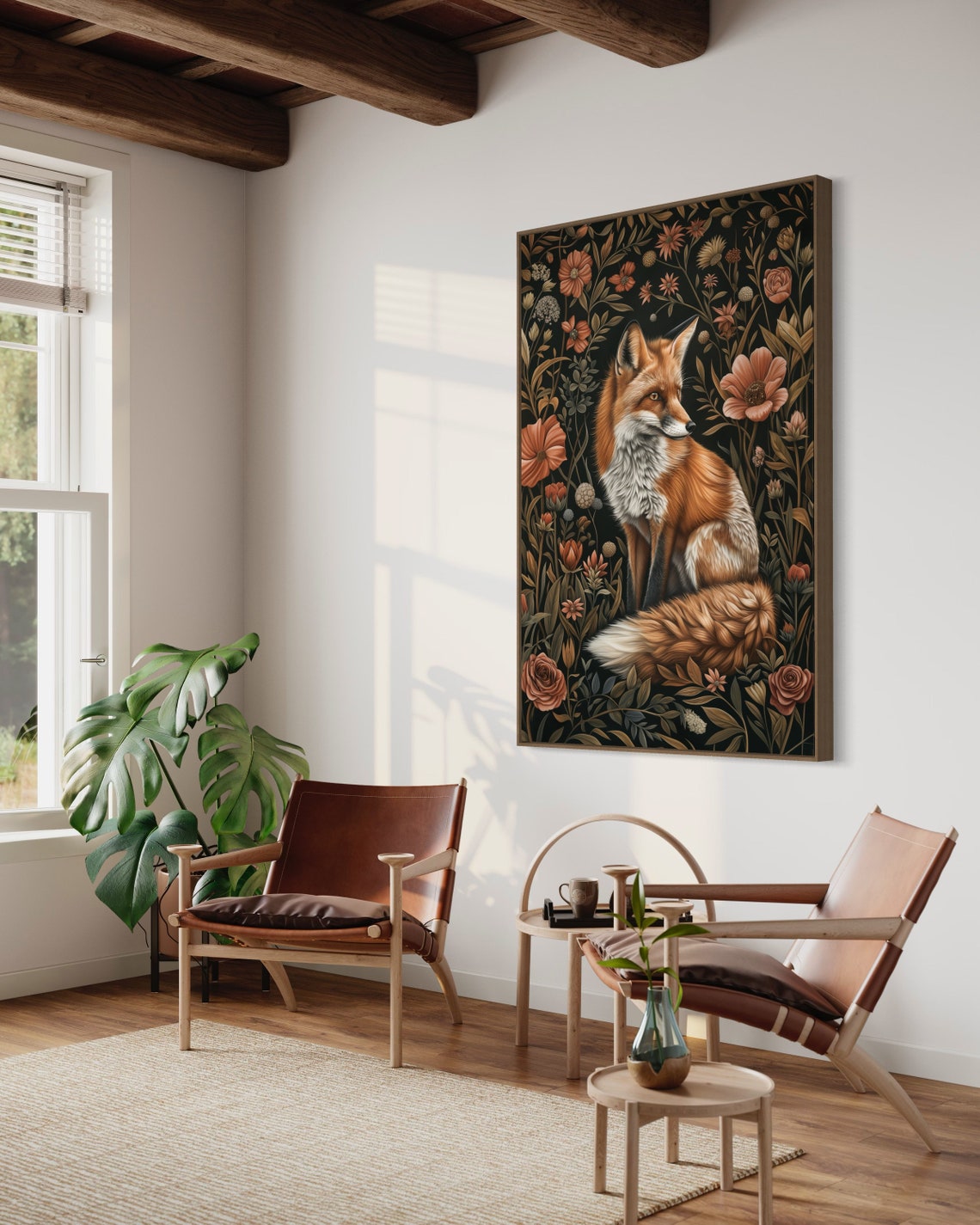Whimsical Red Fox Dark Floral Botanical William Morris Style Print - Image 5