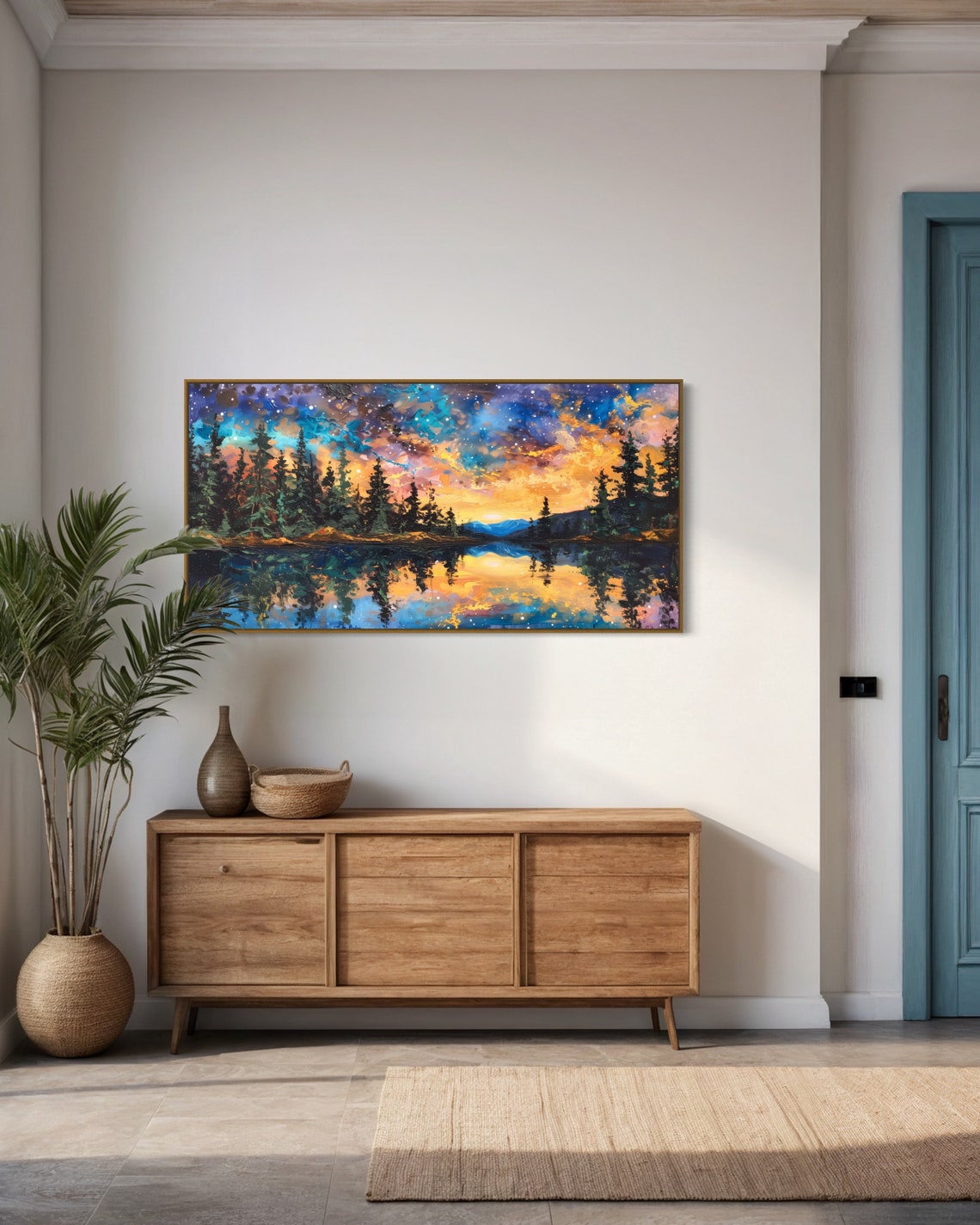 Starry Night Sky Over Pine Forest Lake Reflection Wall Art Poster - Image 4