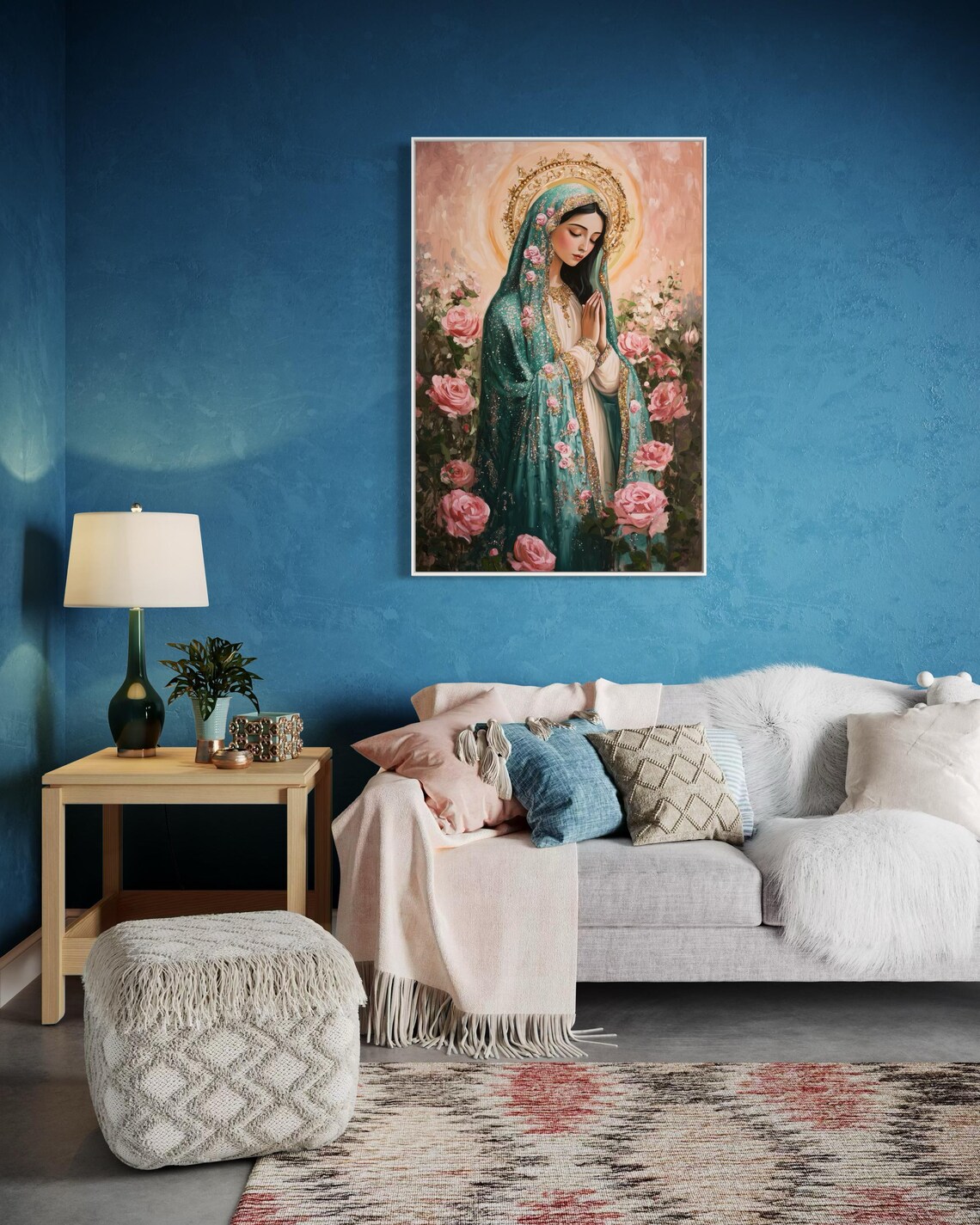 Virgin Mary Catholic Print Gold Halo Roses Faithful Devotional Poster - Image 5