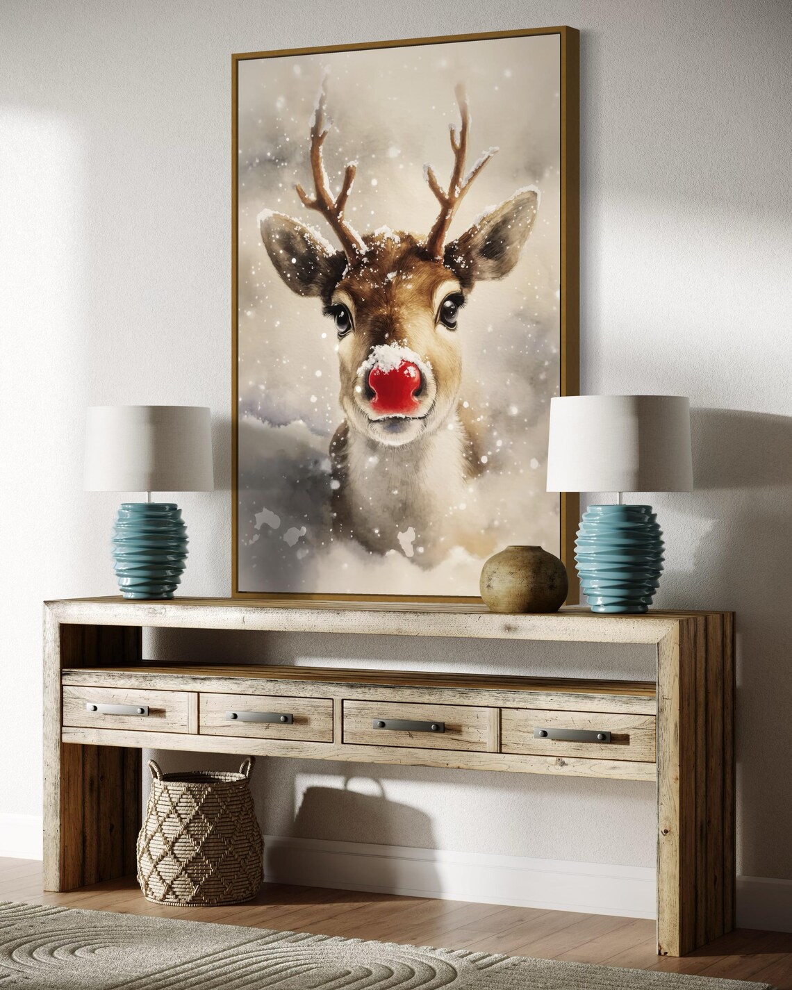 Reindeer Red Nose Snowy Winter Cute Holiday Christmas Animal Poster - Image 2