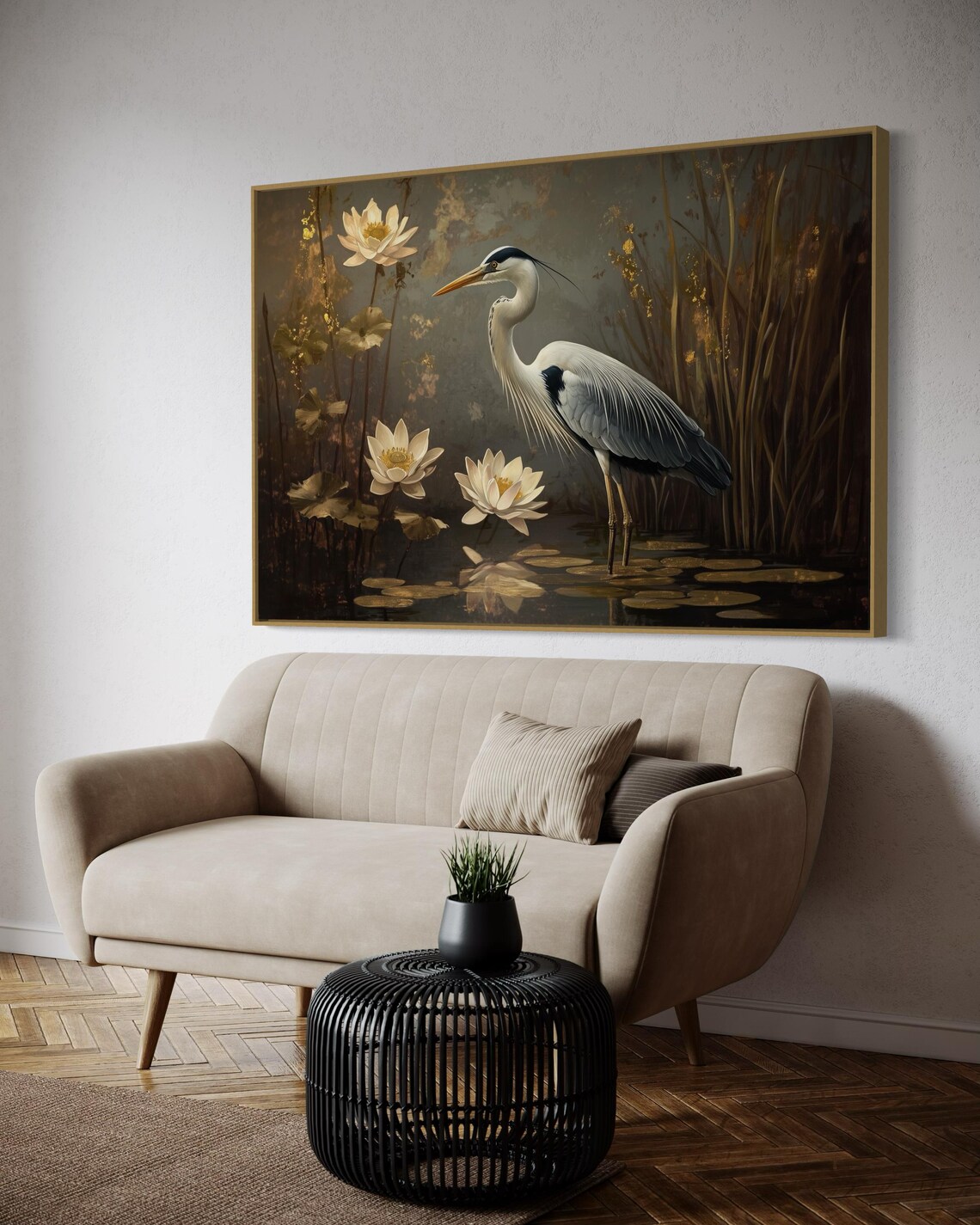Elegant Heron Art Print, Serene Lily Pond Decor - Image 3