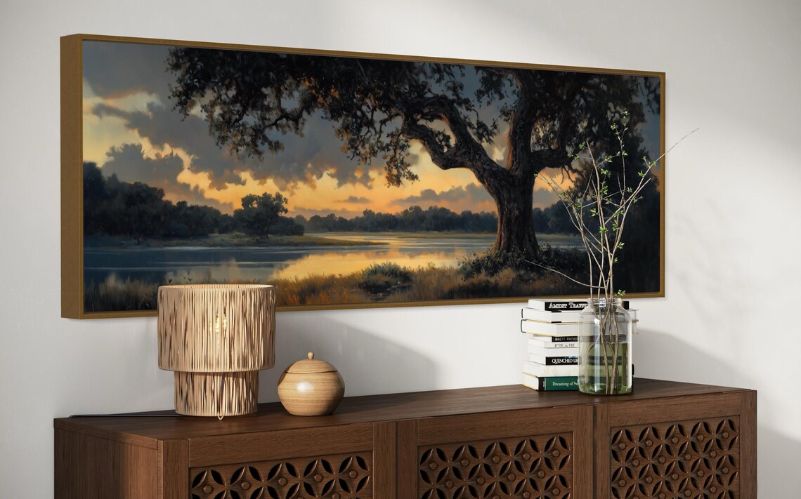 Old Oak Tree at Sunset, Moody Panoramic Art Print - Image 3