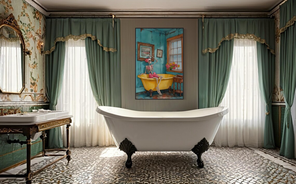 Skeleton Bathtub Quirky Halloween Art Funny Skeleton Bathroom Poster Wall Decor - Image 3