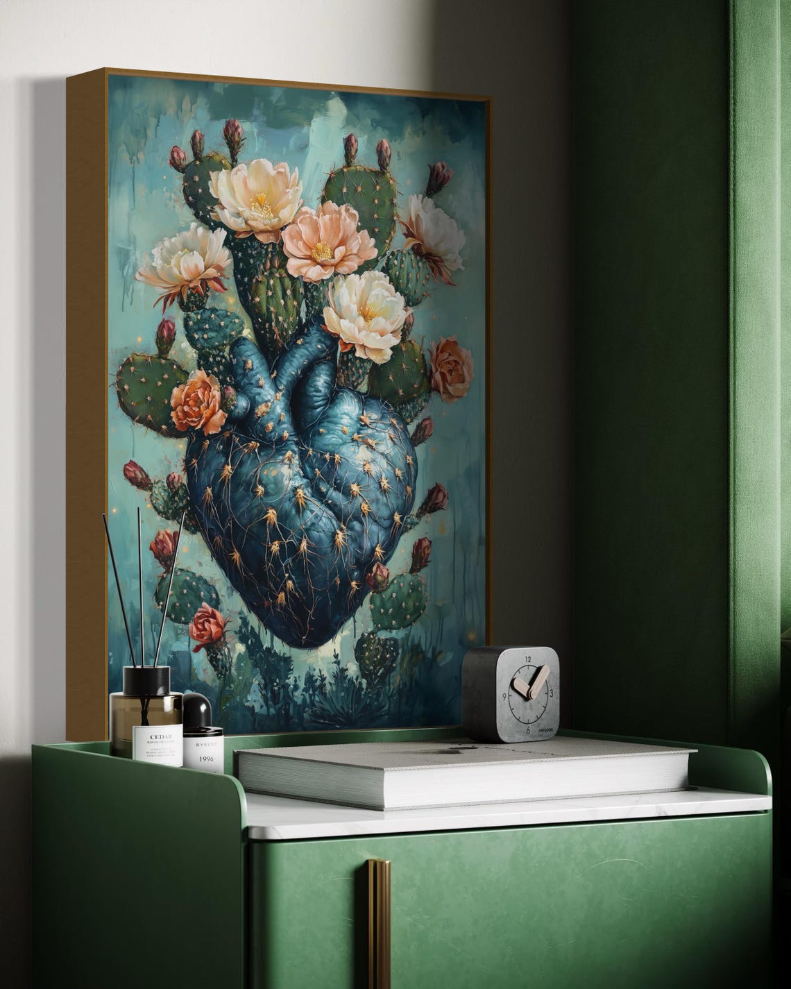 Heart Shaped Blooming Cactus Teal Botanical Desert Floral Art Poster - Image 5