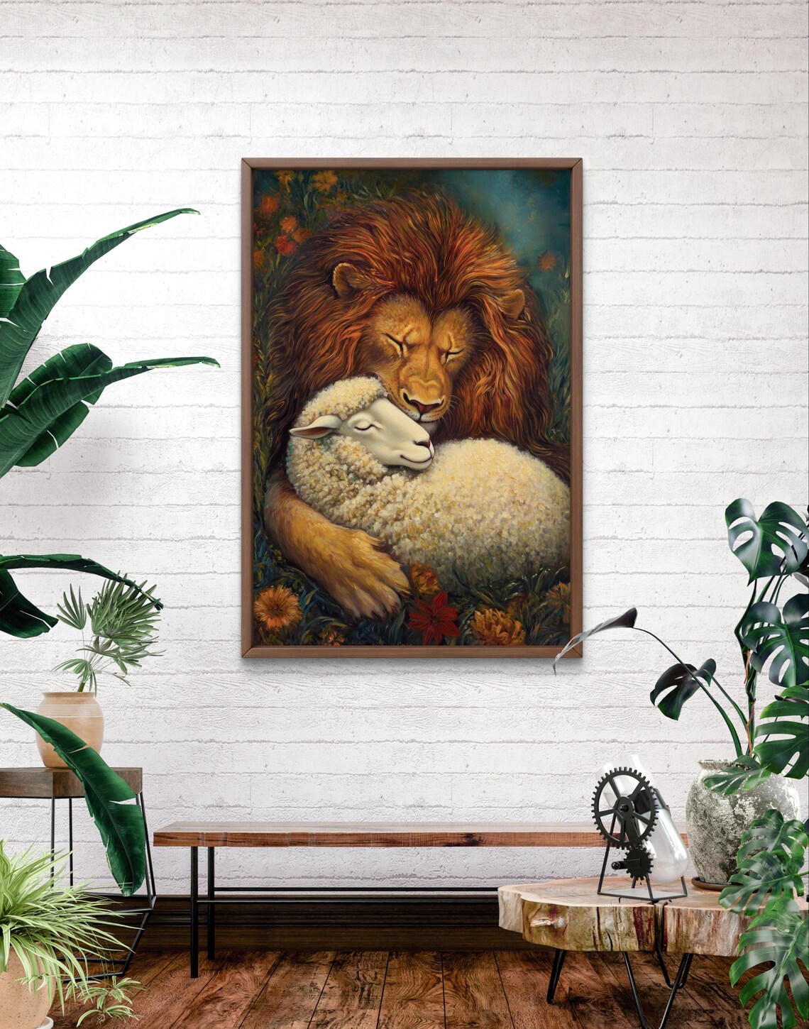 Lion And Lamb Embrace Symbolic Harmony Warm Floral Spiritual Wall Poster - Image 5